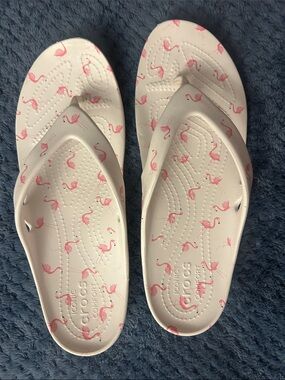 CROCS White Flip Flops with Pink Flamingo Print
